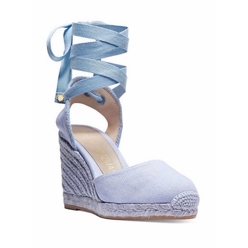 Stuart Weitzman Light Blue Espadrille Wedge Ankle-Tie Sandals